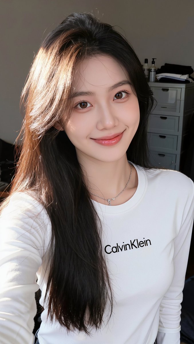 [Kling 01 提示词] ar 9:16 2K 一位年轻东亚女性的写实特写自拍照，拥有一头柔顺笔直的深棕色长发，发缝略偏一侧，垂落于右肩。她拥有柔和发光、呈现自然妆容的肌肤…