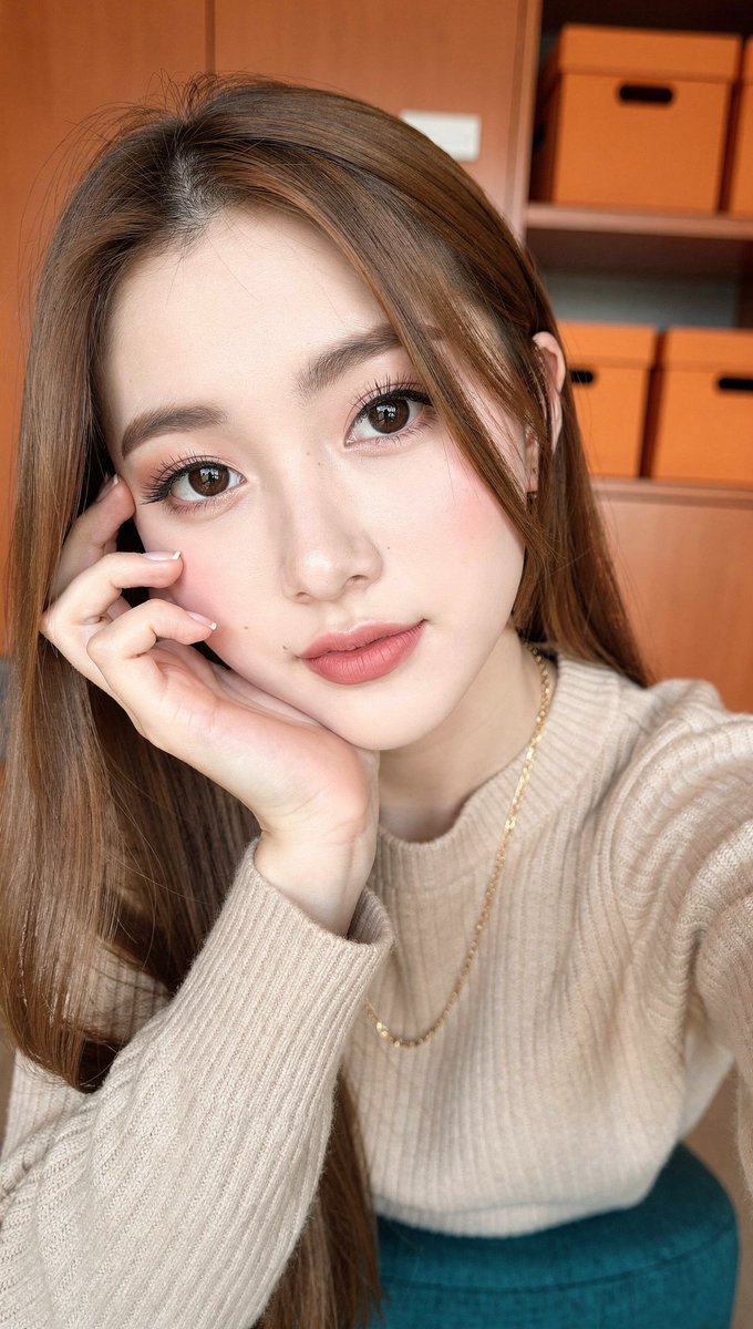 [FLUX.2 Pro 提示词] ar 9:16 2K 一张年轻东亚女性的近距离自拍式肖像，她有着长而顺直的丝滑长发，柔和的暖棕色挑染垂落在肩头。她拥有白皙的瓷感肌肤、天然妆容下…