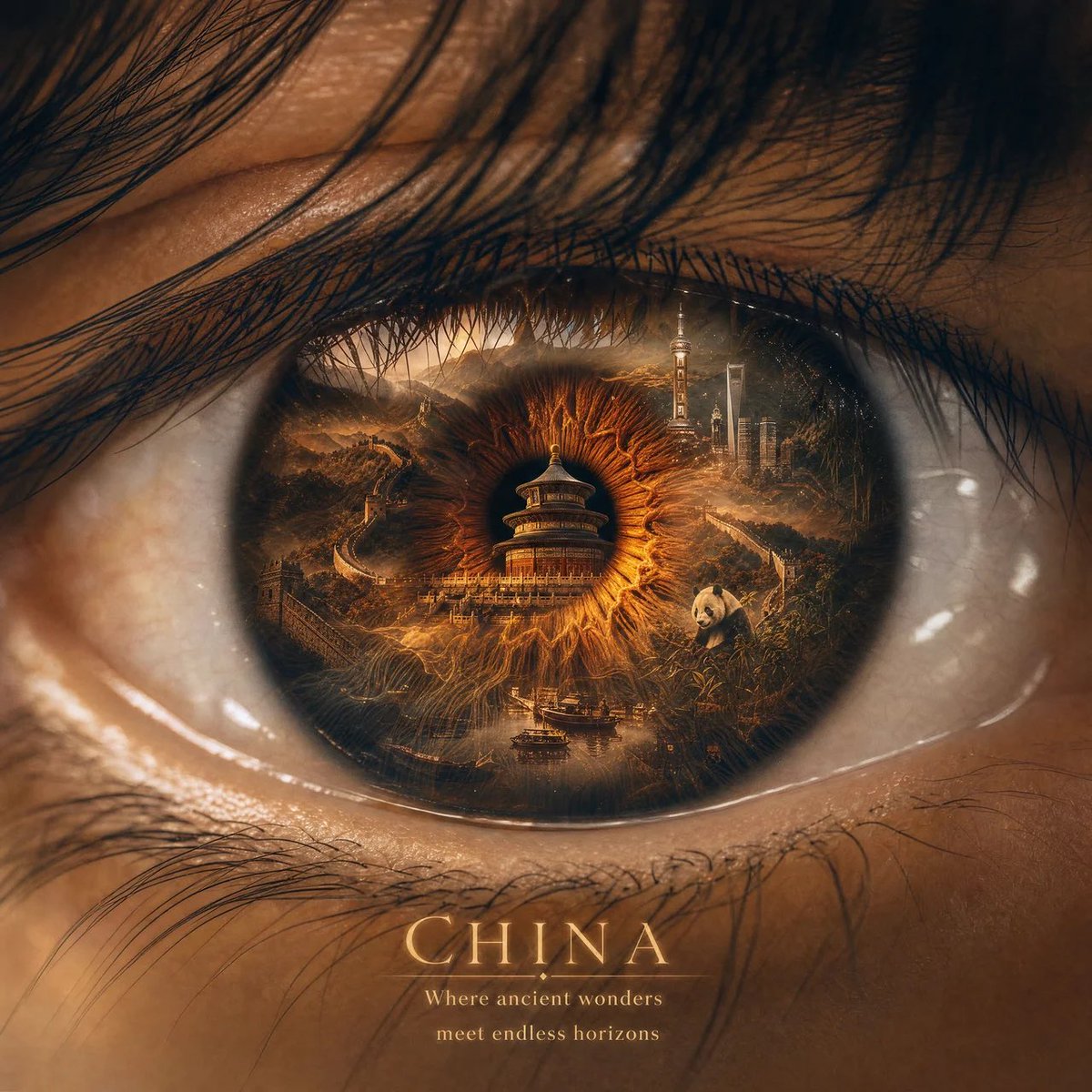 创作一张令人惊叹的 4:5 竖版超写实电影级人像，呈现一只美丽的人类眼睛，采用极致的微距特写镜头，细节惊人。 这只眼睛成为通往 [COUNTRY] 的魔法之窗。在虹膜内部，与虹膜…
