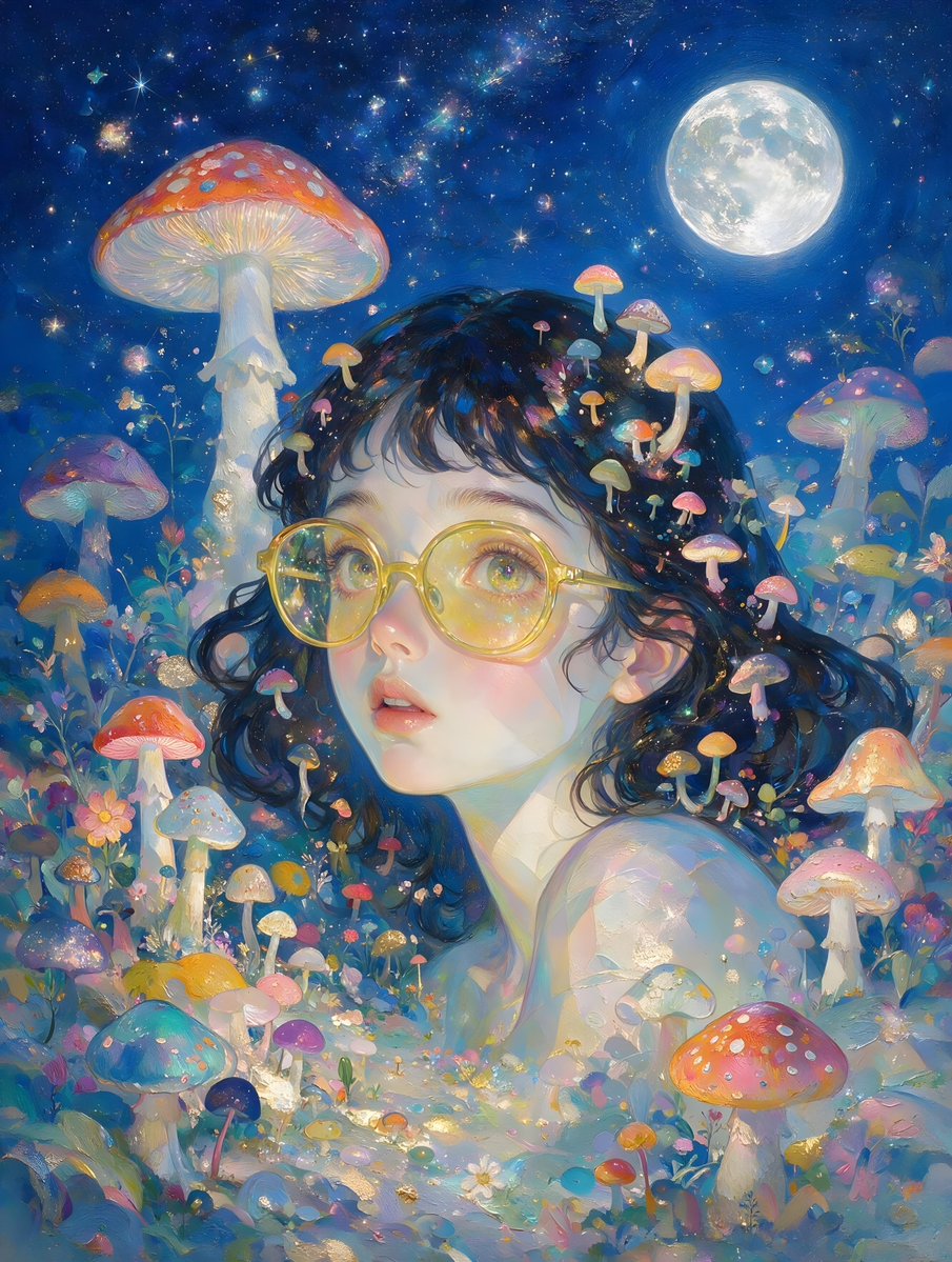 一幅超现实主义肖像画,描绘了一位年轻女性,她有着深色波浪卷发,戴着大大的圆形黄色镜片眼镜。她被一个充满活力的迷幻景观所环绕,景观中有超大尺寸的蘑菇和奇幻的花朵,背景是繁星点点的夜…