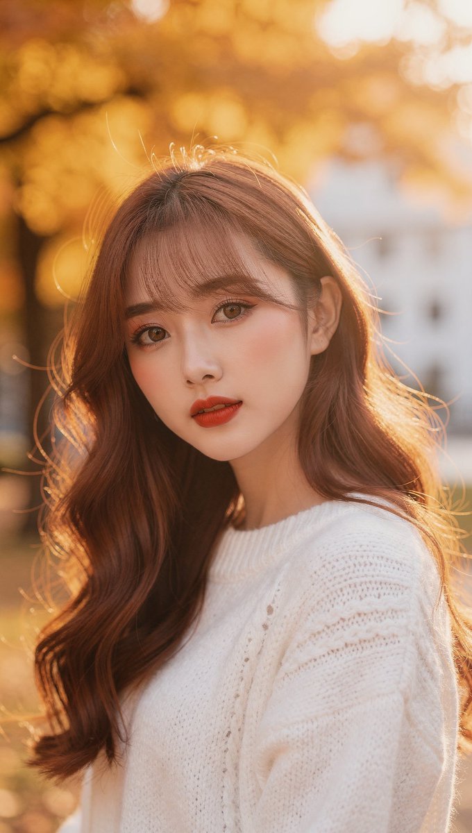 [FLUX.2 Max Prompt] ar 9:16 2K 一位年轻东亚女性的特写肖像，留着波浪状的红棕色长发，柔和的刘海修饰着脸庞，以温和、微侧的头部姿态直视镜头。她肤色白皙…