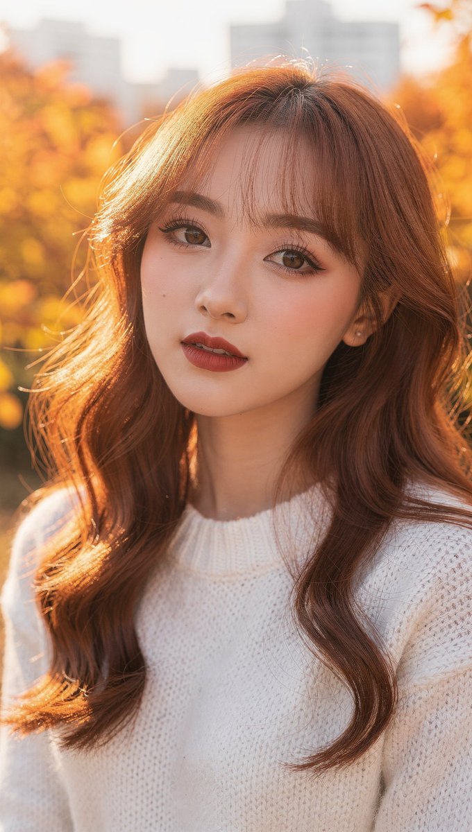 [FLUX.2 Max Prompt] ar 9:16 2K 一位年轻东亚女性的特写肖像，留着波浪状的红棕色长发，柔和的刘海修饰着脸庞，以温和、微侧的头部姿态直视镜头。她肤色白皙…