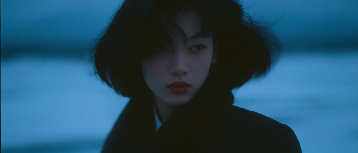 以电影《情书》的风格为基调，呈现岩井俊二的影像美学。一位身着深色冬季校服的中国女孩站在冰封的湖面上。整体采用清冷的青蓝色调，画面洁净极简，笼罩在阴天柔和的漫射光下，以35毫米胶片…