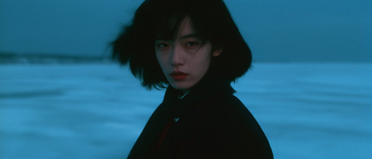 以电影《情书》的风格为基调，呈现岩井俊二的影像美学。一位身着深色冬季校服的中国女孩站在冰封的湖面上。整体采用清冷的青蓝色调，画面洁净极简，笼罩在阴天柔和的漫射光下，以35毫米胶片…