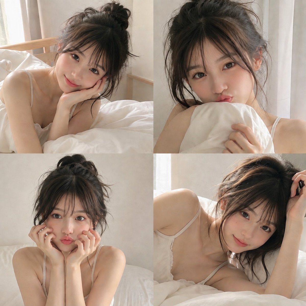 创建一个 2×2 写实风格的拼贴图，主题是一位可爱的成年日本女性在温馨的卧室里自拍。她拥有精致的女性化五官、清透自然的肌肤、柔和的粉色脸颊、水润的嘴唇、富有表…