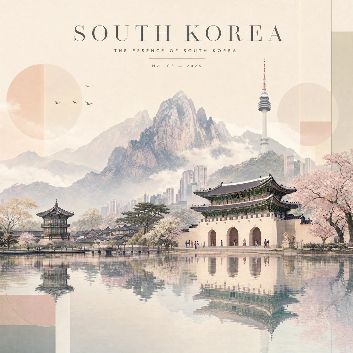 创作一幅高级的4:5竖版编辑风格旅行艺术作品，将[COUNTRY]转化为精致的极简景观。 [COUNTRY]的整体身份应呈现为一个无缝、梦幻的整体构图，而不是一系列彼此独立的物体…