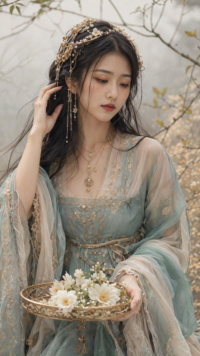 美丽女子置身于薄雾弥漫的极简自然场景中，伴有纤细的带叶枝条，整体色调为柔和米色与淡金配色。皮肤如真实瓷器般细腻，可见毛孔与细微瑕疵，暖桃色腮红，桃棕色眼影，自…