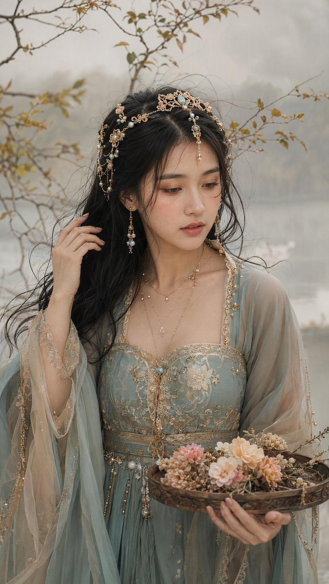 美丽女子置身于薄雾弥漫的极简自然场景中,伴有纤细的带叶枝条,整体色调为柔和米色与淡金配色。皮肤如真实瓷器般细腻,可见毛孔与细微瑕疵,暖桃色腮红,桃棕色眼影,自然玫瑰粉唇色。神情宁…