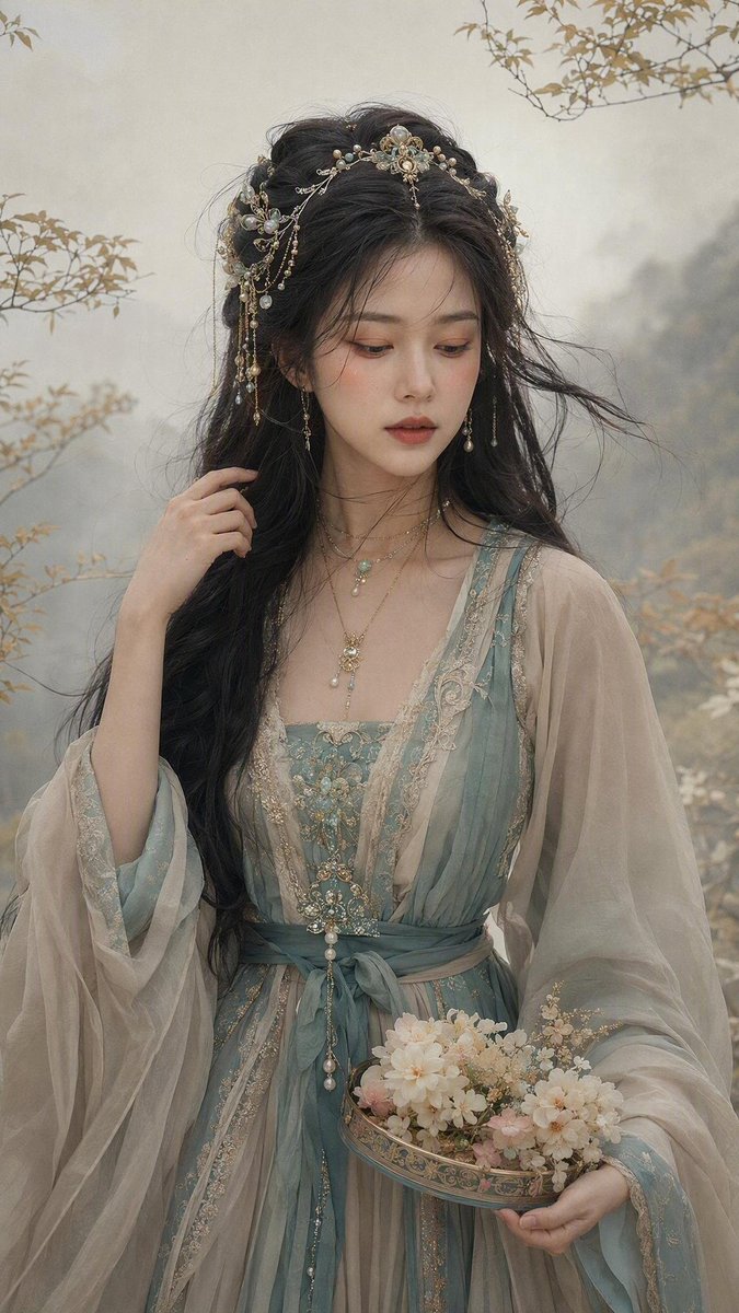 美丽女子置身于薄雾弥漫的极简自然场景中,伴有纤细的带叶枝条,整体色调为柔和米色与淡金配色。皮肤如真实瓷器般细腻,可见毛孔与细微瑕疵,暖桃色腮红,桃棕色眼影,自然玫瑰粉唇色。神情宁…