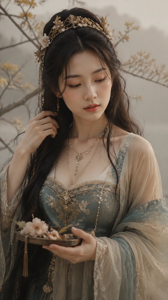 美丽女子置身于薄雾弥漫的极简自然场景中,伴有纤细的带叶枝条,整体色调为柔和米色与淡金配色。皮肤如真实瓷器般细腻,可见毛孔与细微瑕疵,暖桃色腮红,桃棕色眼影,自然玫瑰粉唇色。神情宁…