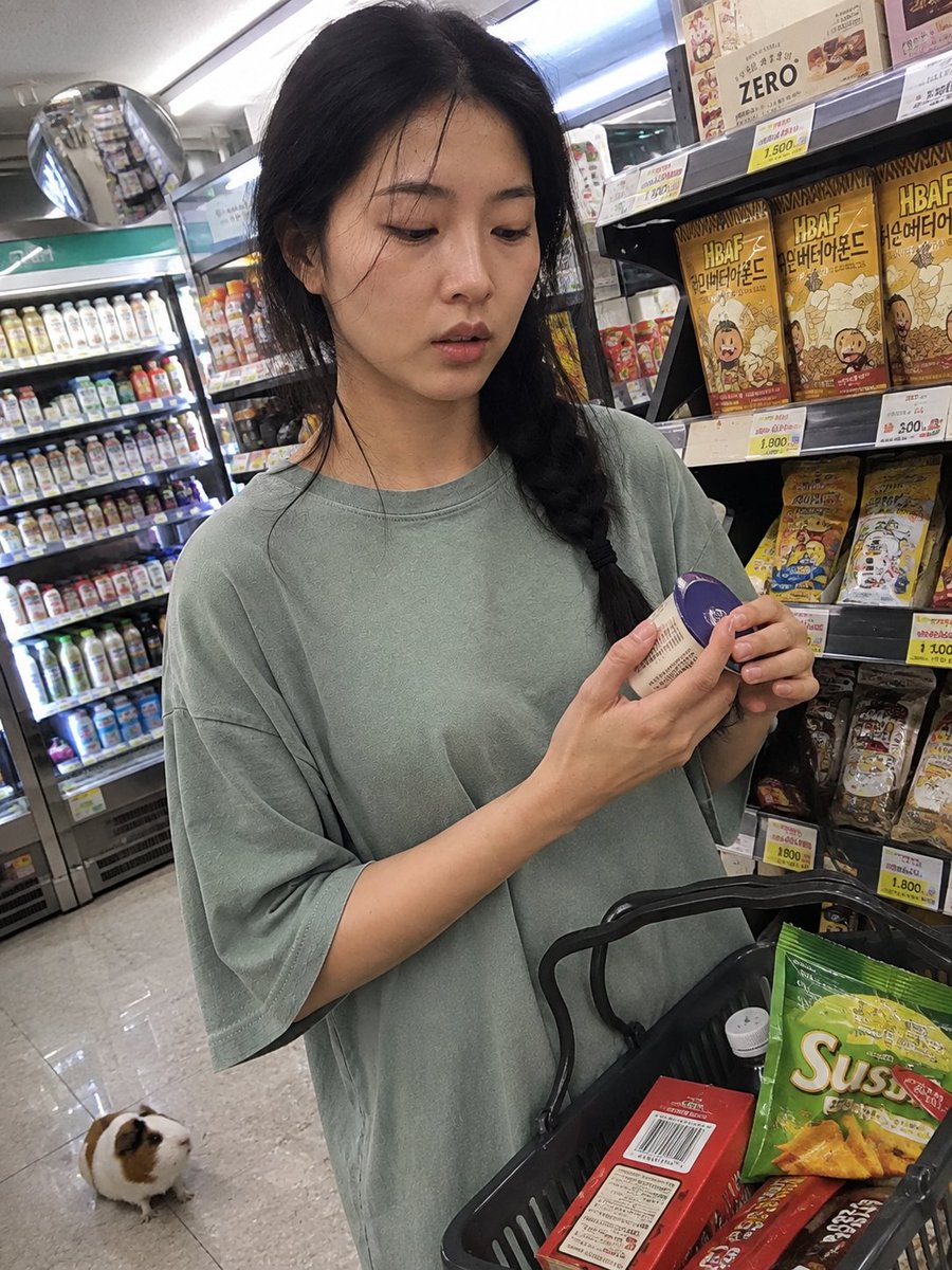 用iPhone前置摄像头意外抓拍的快照，拍摄于一家小型社区便利店内部。一位年轻的韩国女性站在收银台前排队，一边随意地用手抹去额头上的一丝汗珠，一边挎着购物篮。她目光望向一侧，表情…