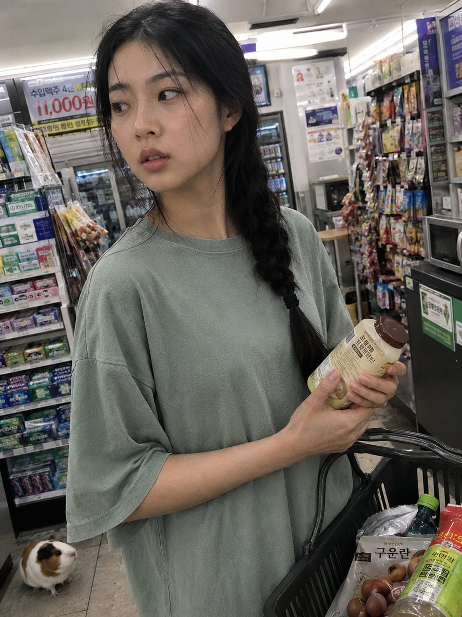用iPhone前置摄像头意外抓拍的快照，拍摄于一家小型社区便利店内部。一位年轻的韩国女性站在收银台前排队，一边随意地用手抹去额头上的一丝汗珠，一边挎着购物篮。她目光望向一侧，表情…