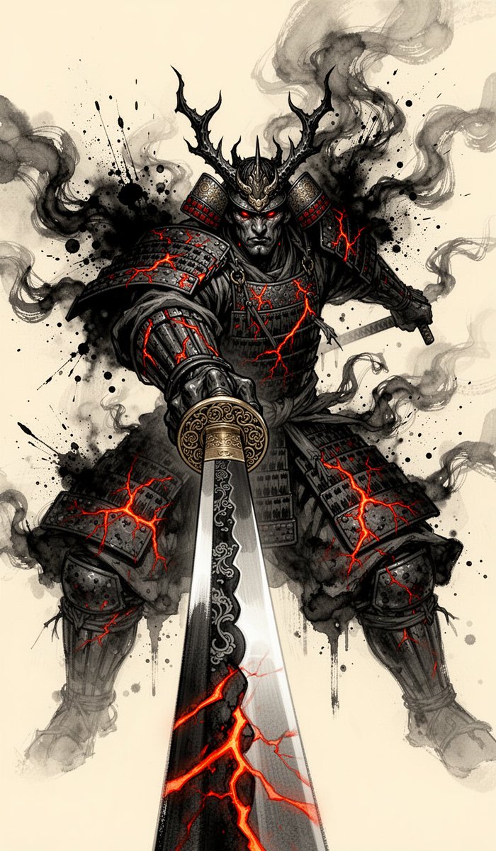 一座高耸的恶魔武士直接向观者猛扑过来,双手紧握一柄华丽的武士刀,猛烈地刺入画面极致的近景,夸张的强制透视,水墨与烟雾风格的水墨画(sumi-e),盔甲消融为黑…