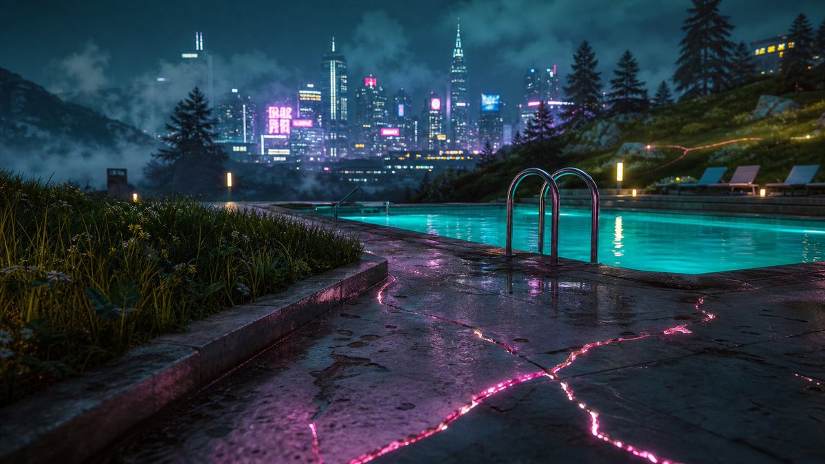 沉入美丽高山草甸中的游泳池 1. 奇异（Bizarre）：创作一幅奇异超现实的图像，展示一个沉入美丽高山草甸中的游泳池，其绿松石色的水完全静止，水面下倒映着颠倒的天空，周围的草以…