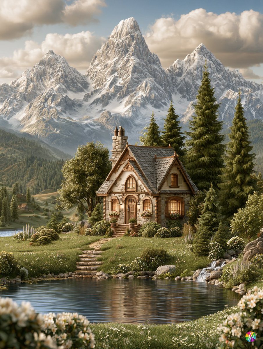 以阿尔伯特·比尔施塔特 (Albert Bierstadt) 的风格。前景是一片有大池塘的草甸。池塘边有一座小屋。背景应有高耸的、被雪覆盖的山峰。 [为第一张…