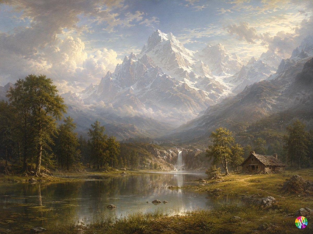 以阿尔伯特·比尔施塔特 (Albert Bierstadt) 的风格。前景是一片有大池塘的草甸。池塘边有一座小屋。背景应有高耸的、被雪覆盖的山峰。 [为第一张图片添加 - @mi…
