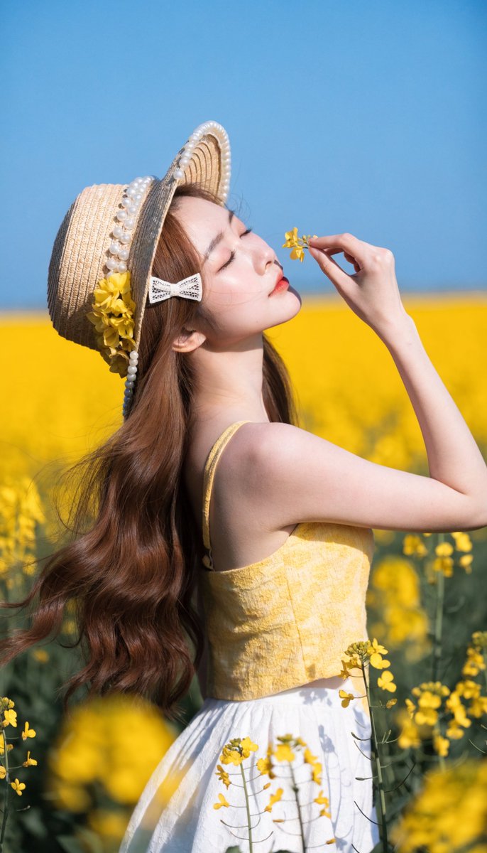 [Recraft V4.1 提示词] ar 9:16 Pro 一位宁静的年轻东亚女性，拥有白皙瓷质肌肤、柔和的玫瑰色脸颊和精致的红唇，站在一片广阔的鲜艳黄色油菜花田中，头顶是晴朗…