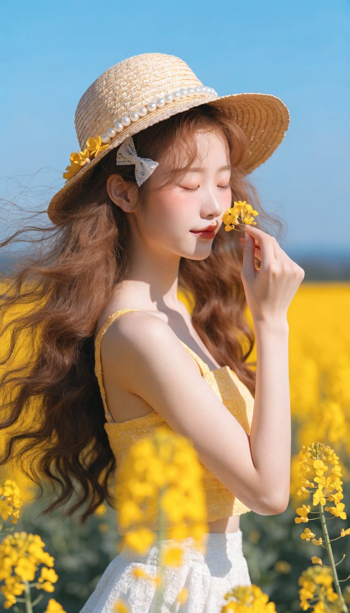 [Recraft V4.1 提示词] ar 9:16 Pro 一位宁静的年轻东亚女性，拥有白皙瓷质肌肤、柔和的玫瑰色脸颊和精致的红唇，站在一片广阔的鲜艳黄色油菜花田中，头顶是晴朗…