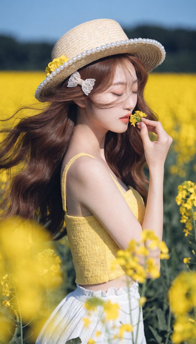 [Recraft V4.1 提示词] ar 9:16 Pro 一位宁静的年轻东亚女性，拥有白皙瓷质肌肤、柔和的玫瑰色脸颊和精致的红唇，站在一片广阔的鲜艳黄色油菜花田中，头顶是晴朗…