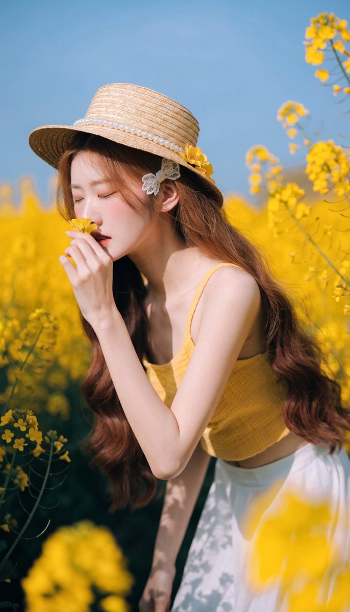 [Recraft V4.1 提示词] ar 9:16 Pro 一位宁静的年轻东亚女性，拥有白皙瓷质肌肤、柔和的玫瑰色脸颊和精致的红唇，站在一片广阔的鲜艳黄色油菜花田中，头顶是晴朗…