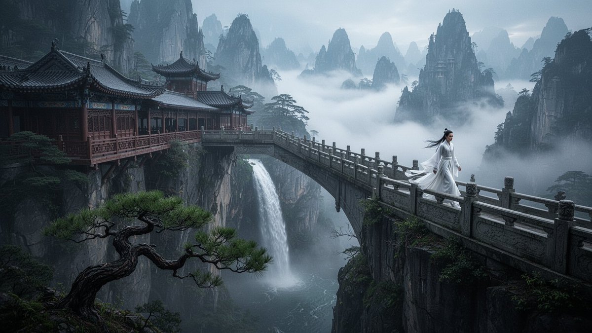 电影级 16:9 奇幻风景，雾气弥漫的蓝灰色仙山秘境，云海如梦似幻，一座古老的木质走廊桥嵌入崖壁，横跨峡谷，瀑布从桥下飞泻而下，一位身着飘逸白袍的孤影沿石栏踱…