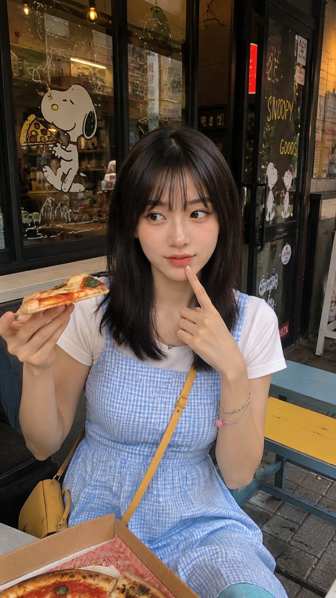 一张抓拍的竖版生活方式照片：一位年轻女子坐在一家温馨的咖啡馆或休闲餐厅里，身穿一条可爱的浅蓝色格纹背带连衣裙，内搭一件素净的白色短袖上衣。她留着齐肩的深色直发，带着柔和的刘海，表…