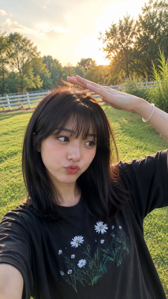 在宁静翠绿的公园中，一位年轻的东亚女性享受着晴朗午后的写实风格抓拍户外照。她留着顺滑的齐肩深棕色头发，齐整的直刘海自然地修饰着脸型，肌肤柔和白皙，淡淡的红晕点…