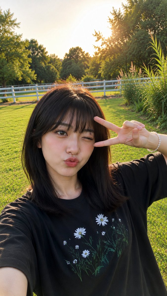 在宁静翠绿的公园中，一位年轻的东亚女性享受着晴朗午后的写实风格抓拍户外照。她留着顺滑的齐肩深棕色头发，齐整的直刘海自然地修饰着脸型，肌肤柔和白皙，淡淡的红晕点缀在脸颊上，拥有一双…