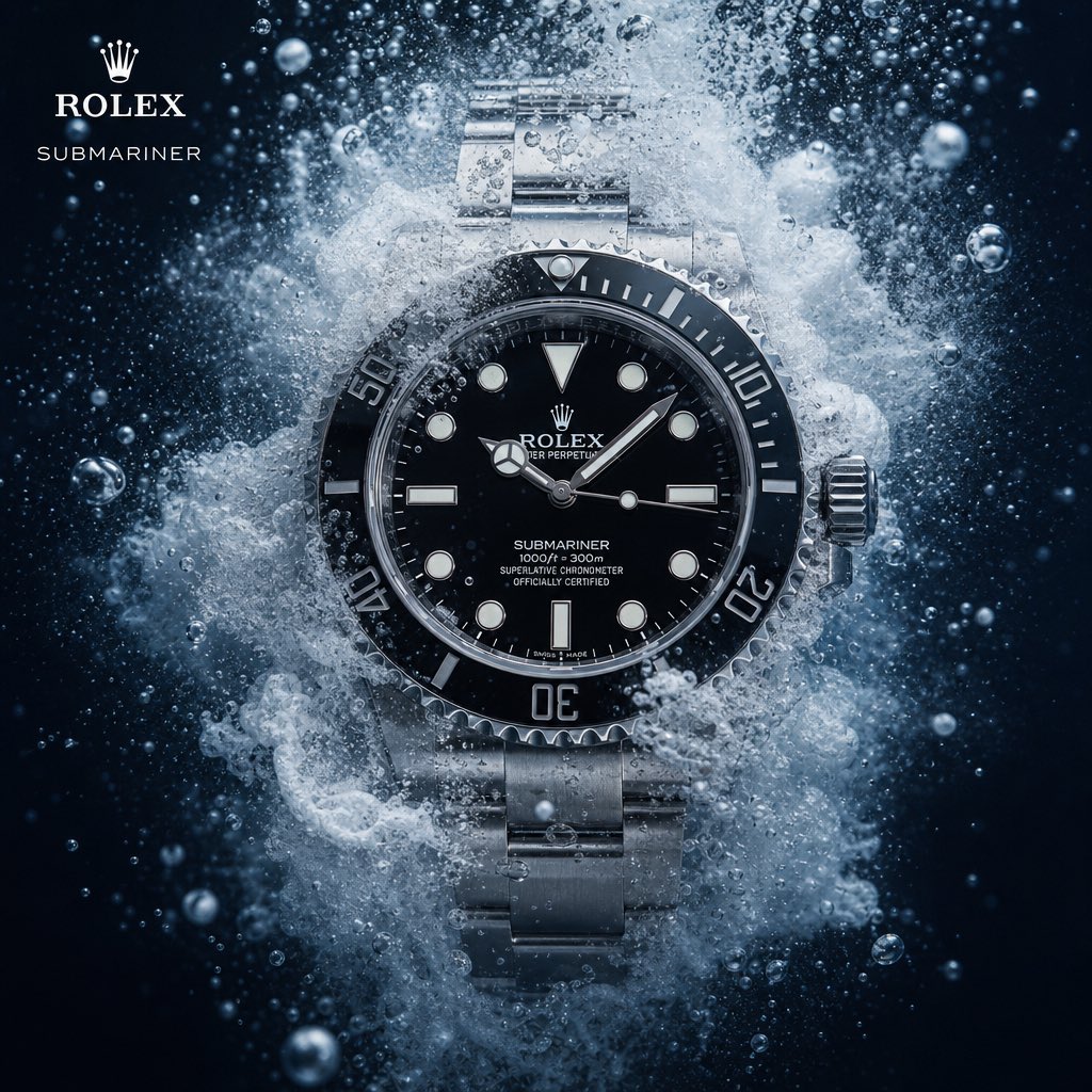 生成一张方形格式的活动宣传图片，通过重新构想一款受[Rolex]启发的一款特定产品，将其中一种传统材质、功能或设计原则完全替换为大胆而出乎意料的替代方案。让这…