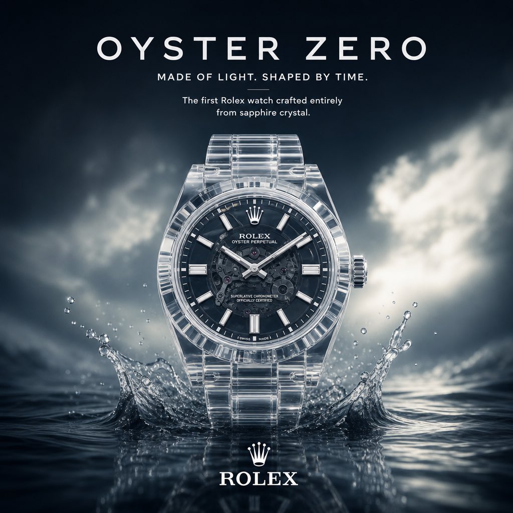 生成一张方形格式的活动宣传图片，通过重新构想一款受[Rolex]启发的一款特定产品，将其中一种传统材质、功能或设计原则完全替换为大胆而出乎意料的替代方案。让这一改变重新定义产品的…