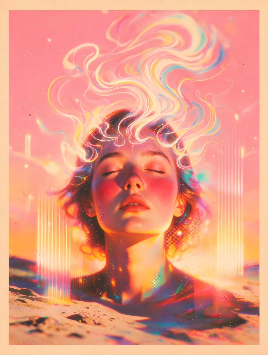 一幅肖像画描绘了一位闭着眼睛、面颊红润的女子。在她的头顶上方，色彩斑斓的波浪线条以粉色、黄色、蓝色和白色的色调向上散发，犹如烟雾或抽象的思绪。背景是柔和的粉色…