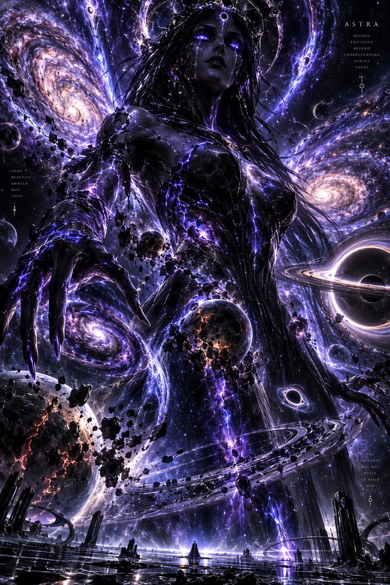 Astra，一个从太空最深处虚空诞生的、强大到不可思议的宇宙实体，恐怖却又美得令人窒息。它的轮廓似人形却超凡脱俗，被巨大而旋转的星系、破碎的恒星以及引力扭曲所环绕。它的身躯似乎由…