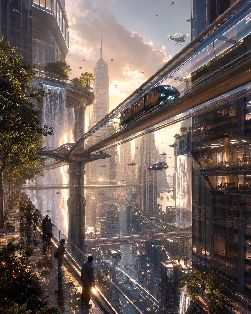 天空铁路 2099 一座令人叹为观止的未来纽约城，磁悬浮列车在摩天大楼之间数千英尺高空的透明玻璃轨道中穿行。巨大的瀑布从屋顶花园倾泻而下，自动驾驶飞行器在建筑…
