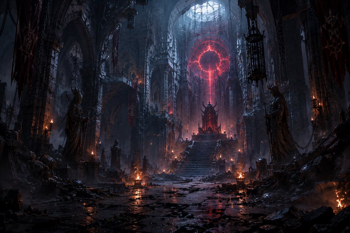 “创建一个电影感黑暗奇幻Boss角色设定图，包含正面/侧面/背面视图，保持一致的15英尺高身披盔甲的魔王，全身覆盖黑色符文的盔甲，角状王冠，破碎的紫色披风，发光的红色符文，幽灵般…