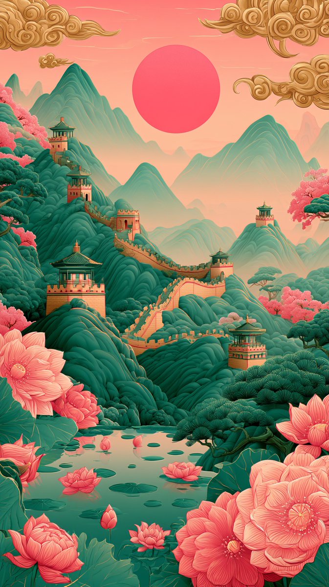 中国长城的插画，金色调蜿蜒穿过翠绿的山峦，配以传统宝塔式烽火台。前景：宁静的荷花池，盛开着粉色莲花和睡莲叶，以及大型装饰性的粉红色和珊瑚色花朵。背景：层峦叠嶂…
