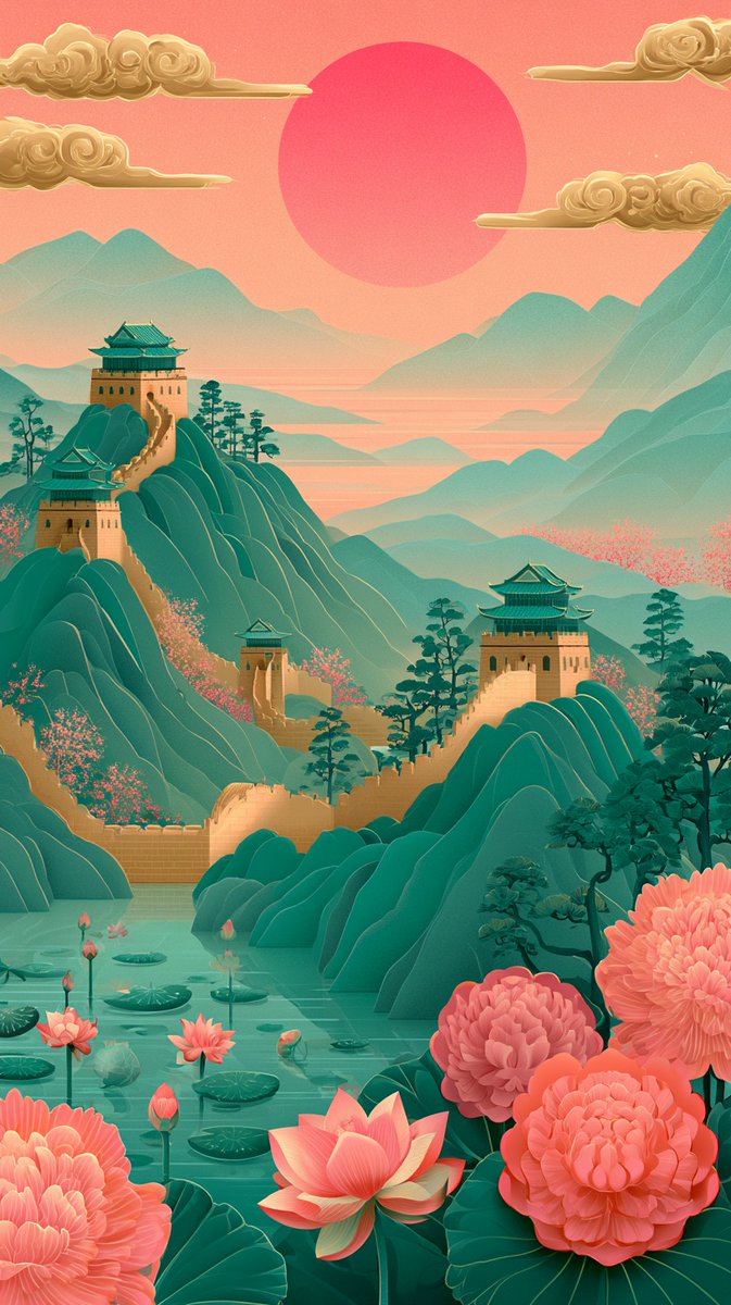 中国长城的插画，金色调蜿蜒穿过翠绿的山峦，配以传统宝塔式烽火台。前景：宁静的荷花池，盛开着粉色莲花和睡莲叶，以及大型装饰性的粉红色和珊瑚色花朵。背景：层峦叠嶂的朦胧山峦，桃色与珊…