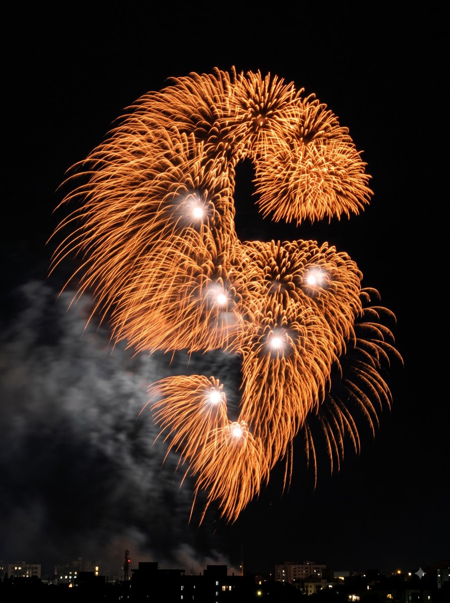 { "style_name": "Fireworks Logo - Close Crop (v2)", "description": "一张写实的长曝光夜景照片：一朵巨大的烟花爆…