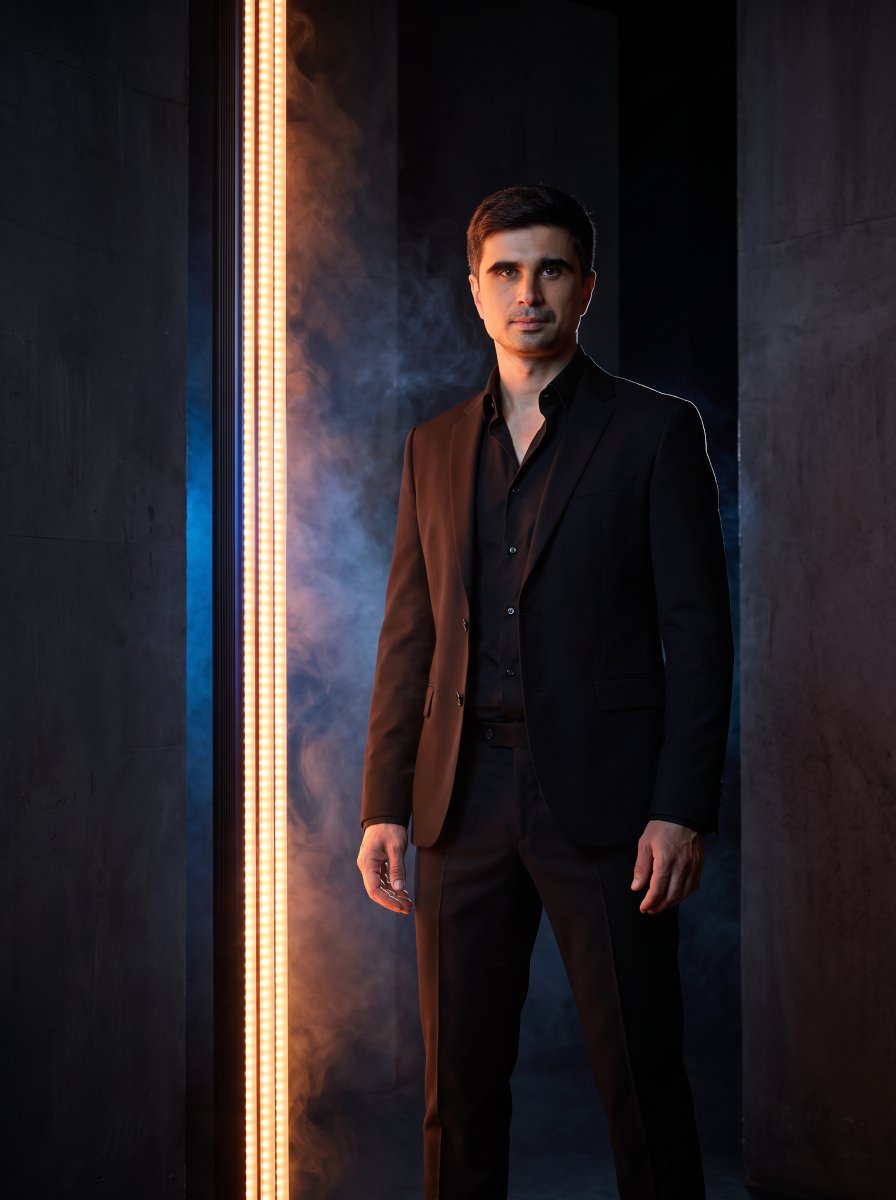 使用上传的参考图像。 保持完全一致的身份特征。 在深色建筑空间内,于发光的垂直LED装置旁创作一幅奢华人像。 主体身穿修身黑色西装,搭配敞开领口的黑色衬衫与定制西裤。 薄雾在光源…