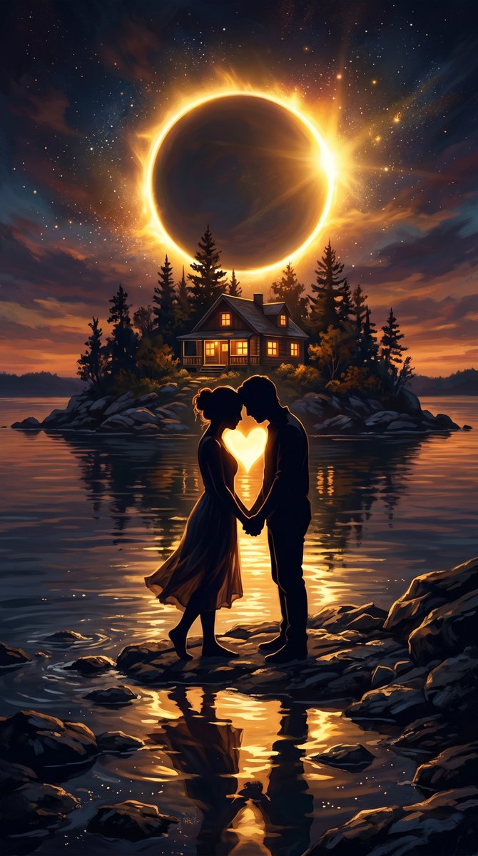 一幅浪漫的数字艺术场景，画面中一对剪影情侣在黄昏时分的岩石海岸上亲密相依站立，他们的身体之间形成一个心形空间，散发着明亮温暖的光芒。背景中，一座窗户透着温馨灯…
