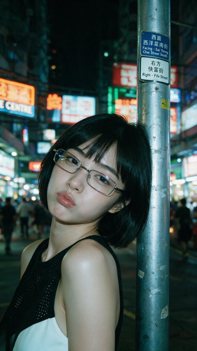 [Seedream 5.0 Pro Prompt] | ar 9:16 2K 电影感夜景特写人像：一位年轻东亚女性，短黑波波头配齐刘海，戴细长方形金属框眼镜…