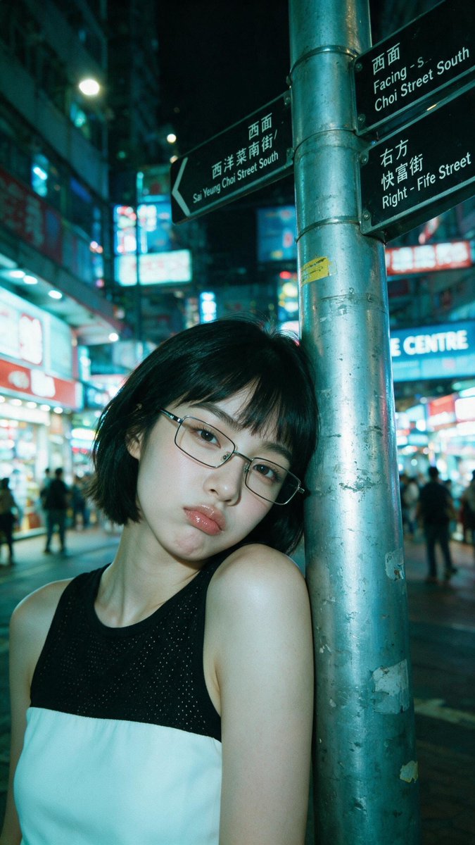 [Seedream 5.0 Pro Prompt] | ar 9:16 2K 电影感夜景特写人像：一位年轻东亚女性，短黑波波头配齐刘海，戴细长方形金属框眼镜。她的左肩和脸侧倚靠在…