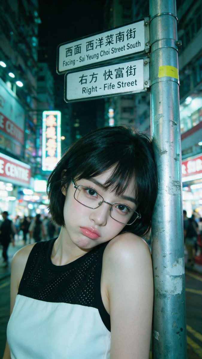 [Seedream 5.0 Pro Prompt] | ar 9:16 2K 电影感夜景特写人像：一位年轻东亚女性，短黑波波头配齐刘海，戴细长方形金属框眼镜。她的左肩和脸侧倚靠在…