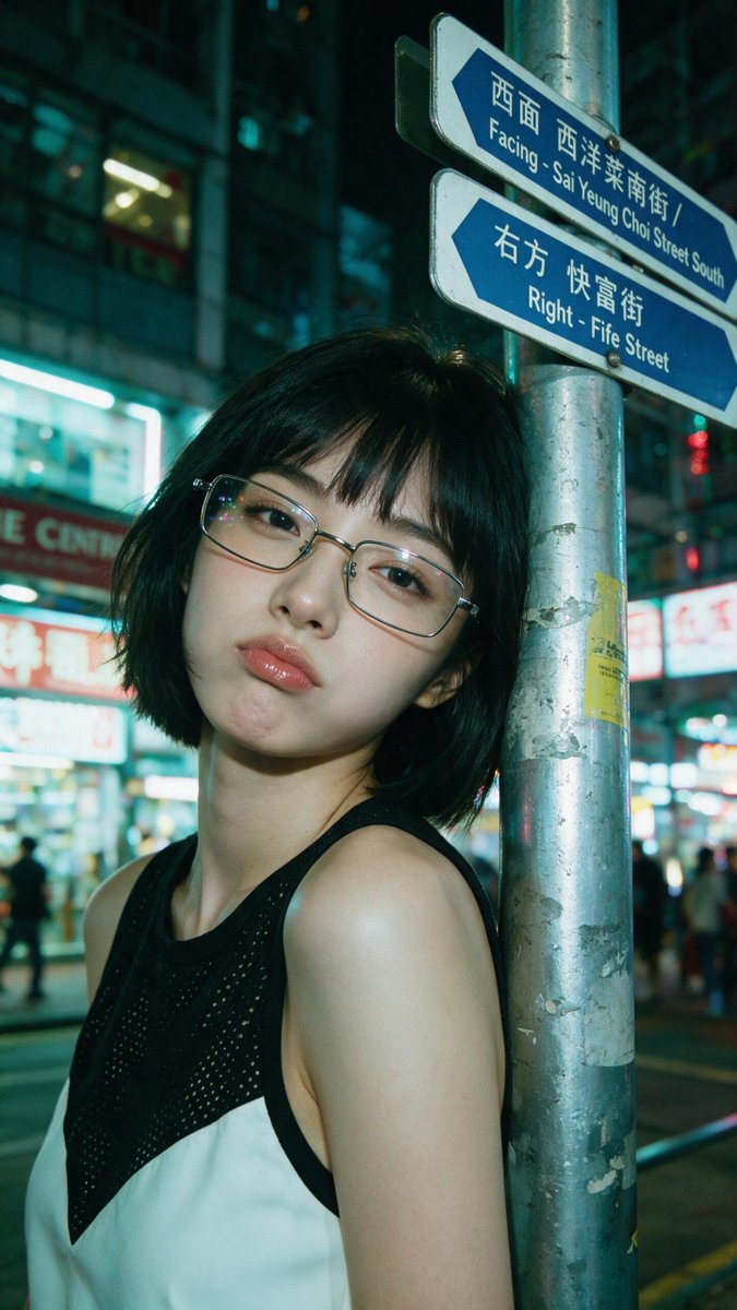 [Seedream 5.0 Pro Prompt] | ar 9:16 2K 电影感夜景特写人像：一位年轻东亚女性，短黑波波头配齐刘海，戴细长方形金属框眼镜。她的左肩和脸侧倚靠在…
