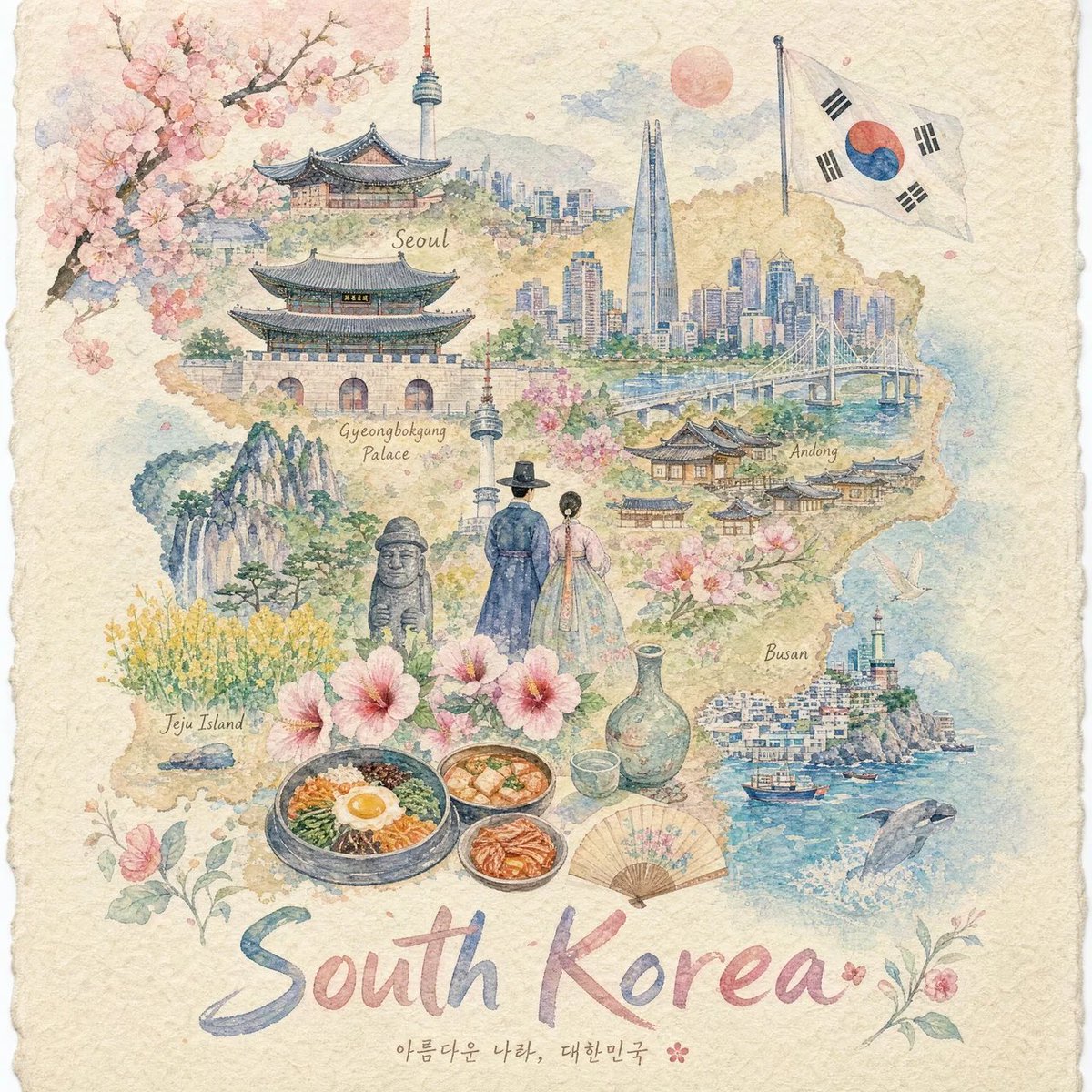 创作一幅美观的竖版 4:5 粉彩纸张画，将 [COUNTRY] 描绘成一座完整的手绘微缩世界，绘制在带有纹理的 handmade paper 上。使用细腻的粉彩水粉、柔和的水彩和…