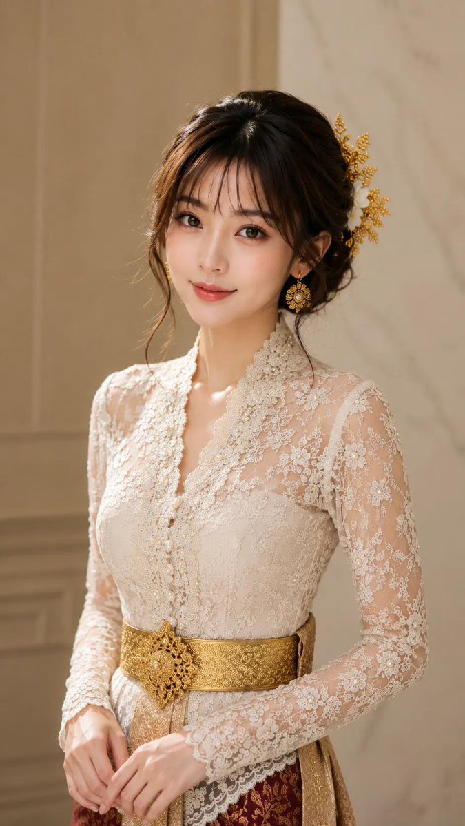 一张高度细致、超写实的半身肖像照，画面中是一位美丽的年轻东亚女性，她面带柔和优雅的微笑，目光直视镜头。她身穿一件精致的奶白色蕾丝长袖衬衫，V领处饰有复杂的花卉…