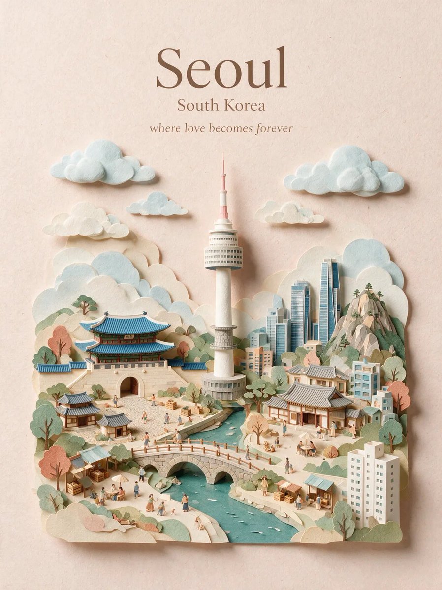 创建一张高端竖版 4:5 旅行海报，主题为 [CITY]、[COUNTRY]，整体设计为手工制作的分层 3D 剪纸微缩世界。 使用柔和的粉彩纸质背景，带有细腻的纸张纹理、雕刻感的…