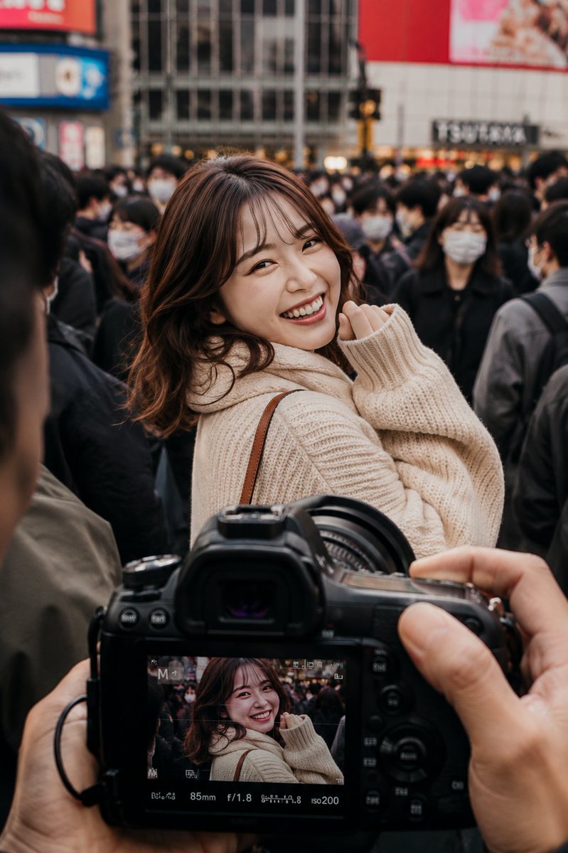 超写实电影感街头摄影，东京密集繁忙人群中，一位开朗的年轻日本女性在人群中央灿烂大笑。她是画面中清晰锐利的主角，表情自然愉悦，棕色波浪卷发略带凌乱，身穿柔软的米…