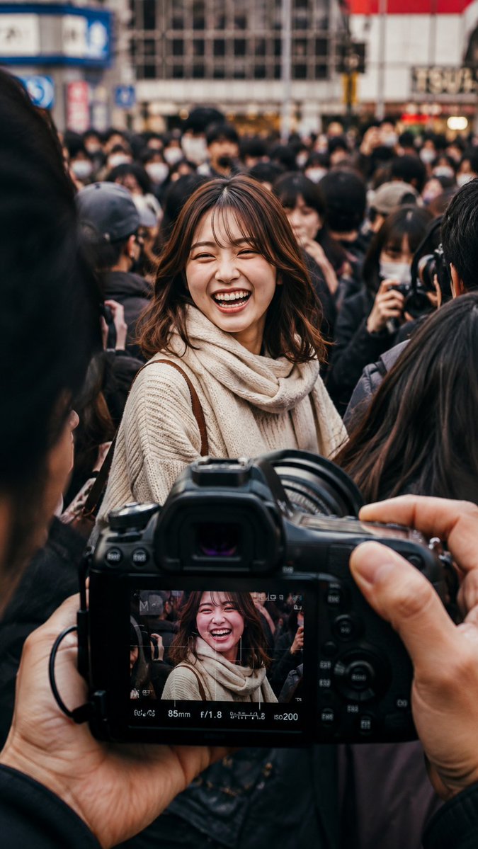 超写实电影感街头摄影,东京密集繁忙人群中,一位开朗的年轻日本女性在人群中央灿烂大笑。她是画面中清晰锐利的主角,表情自然愉悦,棕色波浪卷发略带凌乱,身穿柔软的米色针织毛衣并搭配一条…