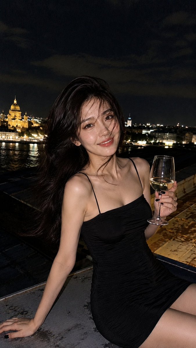使用参考图像。圣彼得堡屋顶上的半身夜景肖像,一位女性手持一杯白葡萄酒。她身穿修身的黑色吊带连衣裙,露出肩膀,指甲剪短涂成黑色。蓬松有光泽的长发随风飘过面庞。神…