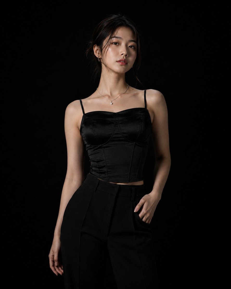 超写实高端时尚摄影棚拍摄：一位美丽的年轻韩国女性，年约二十出头，自信地站在完全无缝的哑光纯黑背景前。光线极其克制且经过精心设计，仅使用一盏柔和的定向主光，只照…